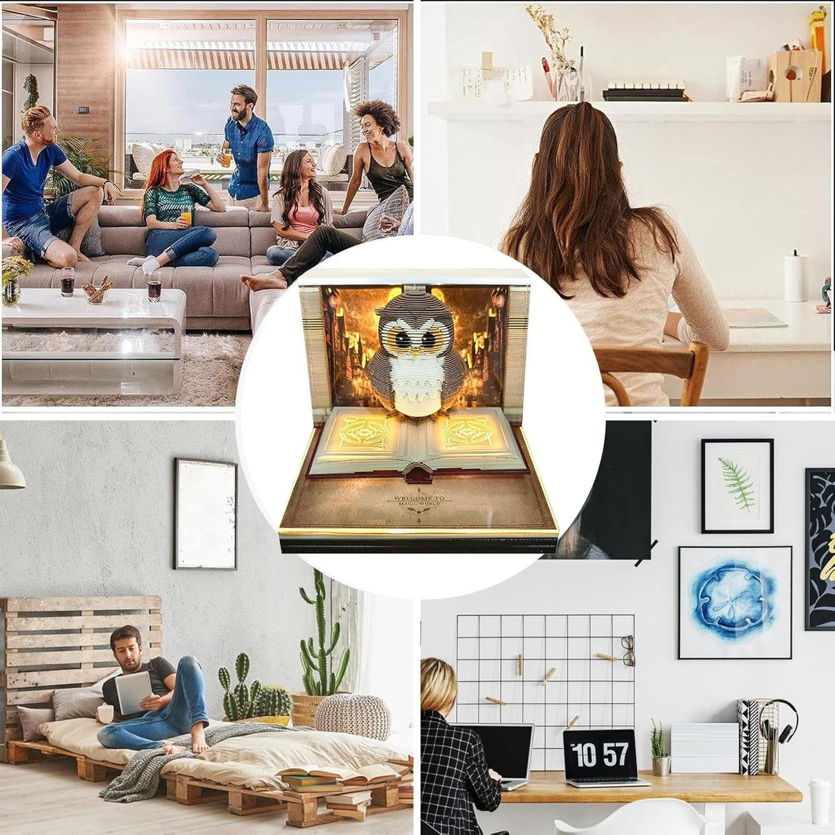 Calendar Interactiv 3D 2026, Vivimall, Calendar de Sculptura cu Luminite LED, Bufnita Magic World, pentru Copii, Calendar de Birou Ornamentat, 9 x 9 x 6.8 cm, Maro - vivimall.ro