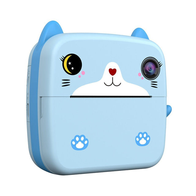 Camera Instantanee pentru Copii, Vivimall, cu Functie de Printare, Camera Frontala + Selfie, Cablu USB-C, Bluetooth, Compatibil iOS/Android, Imprimare APP, Model Pisica, Albastru - vivimall.ro