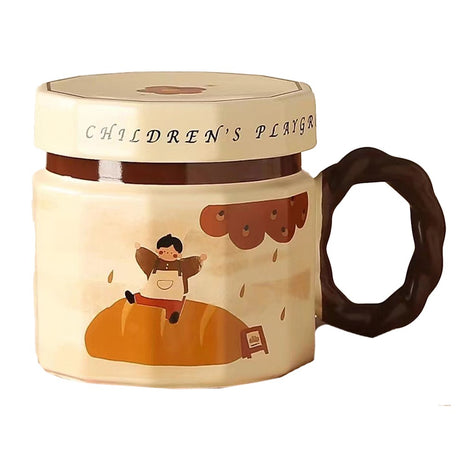Cana din ceramica, Vivimall, Cana pentru Cafea, Ceai, Cana Universala, Unisex, Cana cu Capac, 9 x 8 x 8 cm, 400 ml, Model Baietel Bej - vivimall.ro