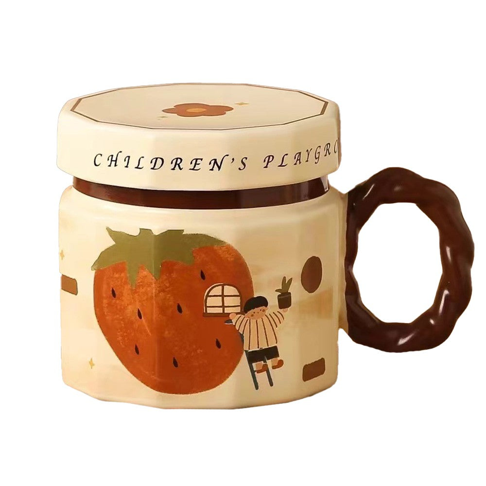 Cana din ceramica, Vivimall, Cana pentru Cafea, Ceai, Cana Universala, Unisex, Cana cu Capac, 9 x 8 x 8 cm, 400 ml, Model Capsuna, Bej - vivimall.ro