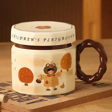 Cana din ceramica, Vivimall, Cana pentru Cafea, Ceai, Cana Universala, Unisex, Cana cu Capac, 9 x 8 x 8 cm, 400 ml, Model Fetita, Bej - vivimall.ro