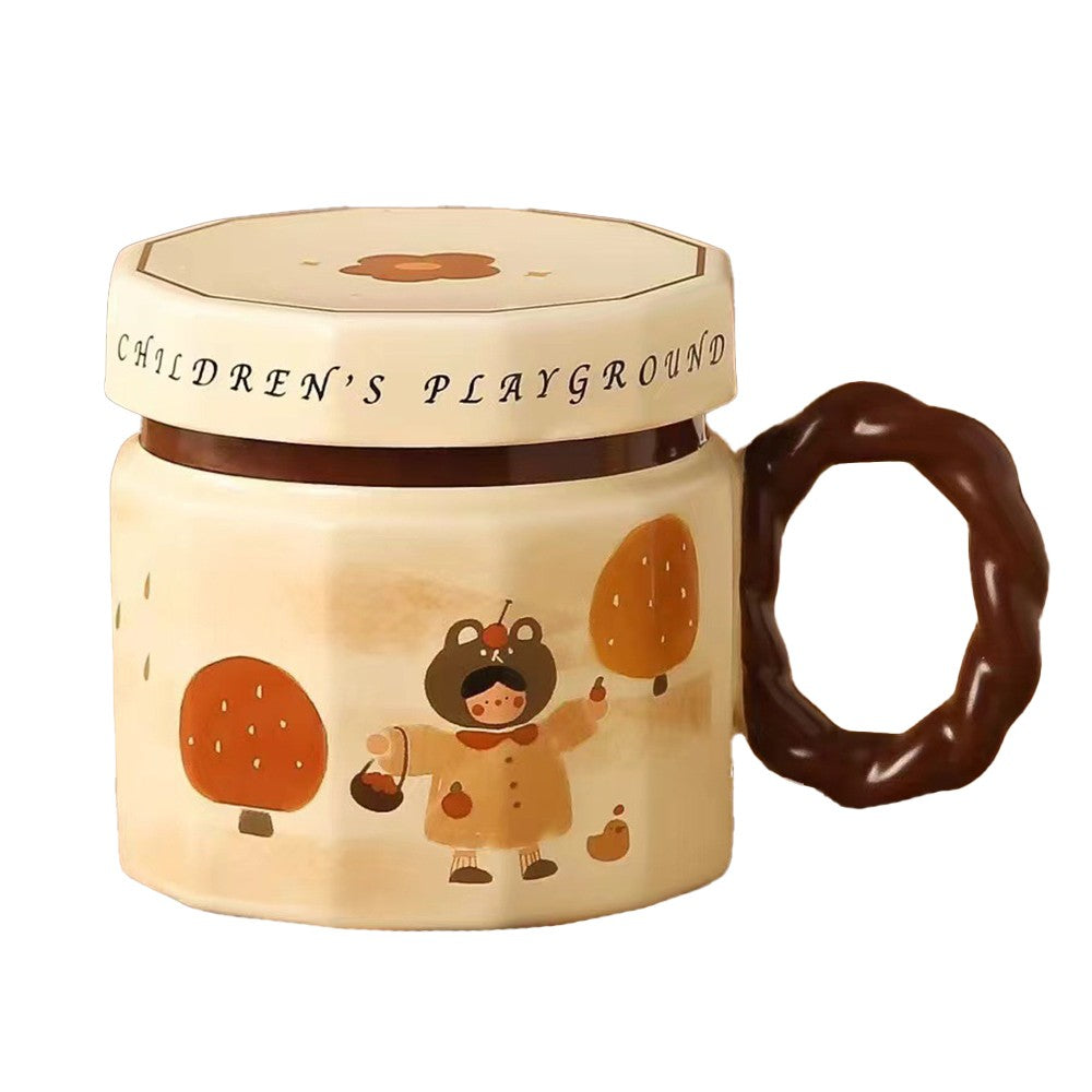 Cana Din Ceramica, Cana Pentru Cafea, Ceai, Cana Universala, Unisex, Cana Cu Capac, 9 X 8 X 8 Cm, 400 Ml, Model Fetita, Bej - vivimall.ro