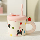 Cana din Ceramica cu Capac si Pai, Vivimall, Capacul si Paiul din Silicon Roz, 9x8.5 cm, Model Cute B, Capacitate 380ml - vivimall.ro