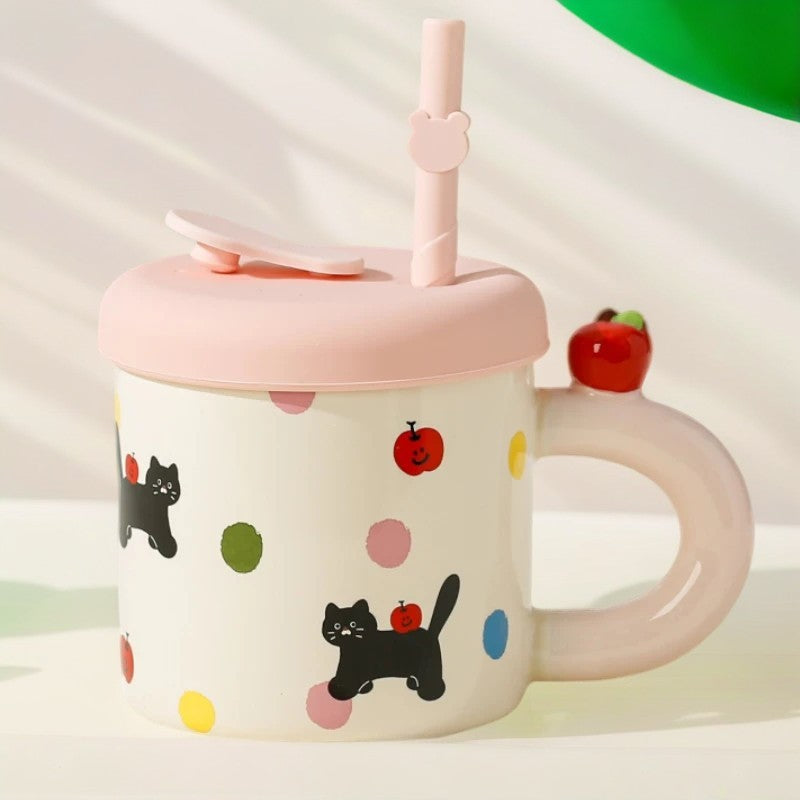 Cana din Ceramica cu Capac si Pai, Vivimall, Capacul si Paiul din Silicon Roz, 9x8.5 cm, Model Cute B, Capacitate 380ml - vivimall.ro