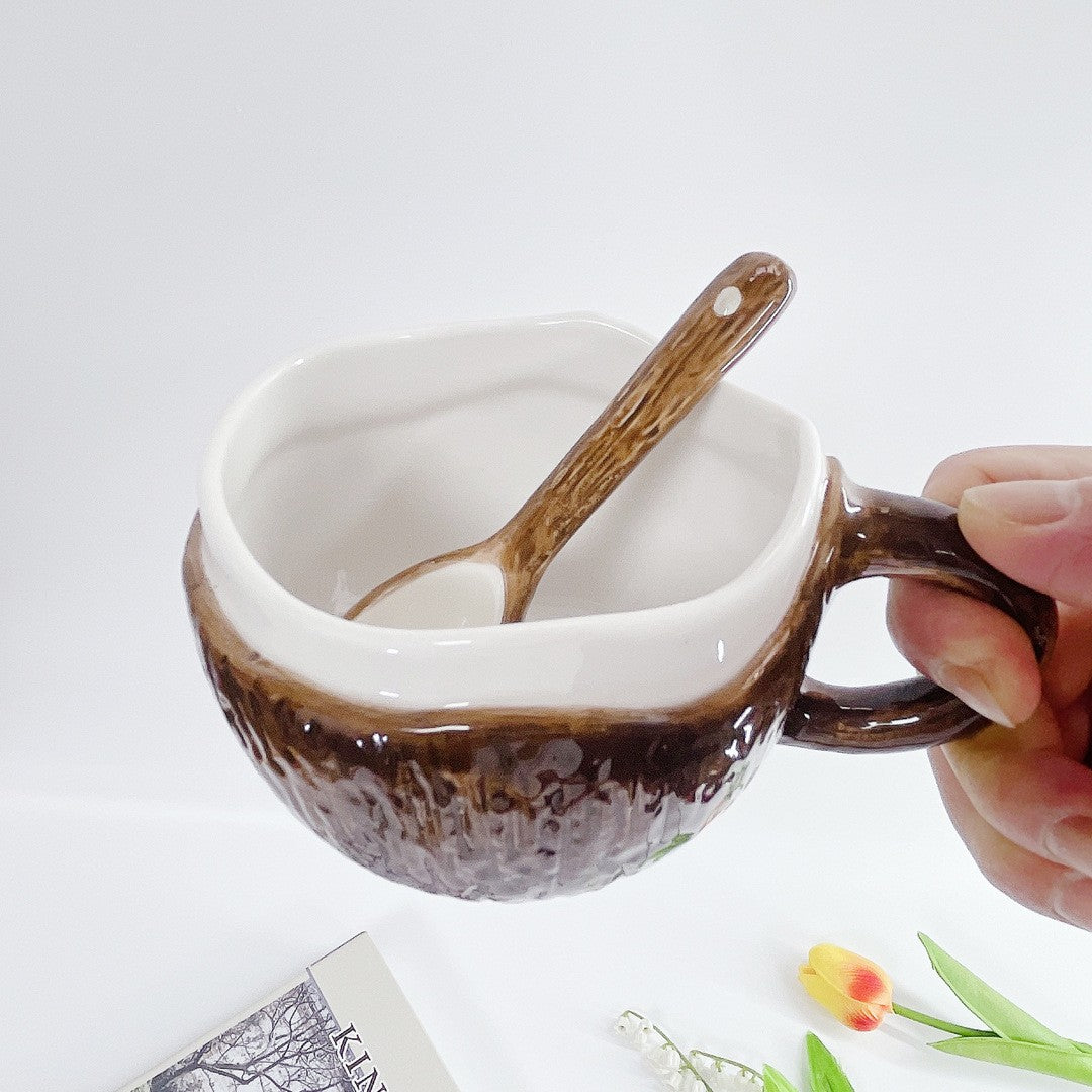 Cana Din Ceramica, 201-300 Ml, Cu Lingurita, Model Nuca De Cocos, Maro - vivimall.ro