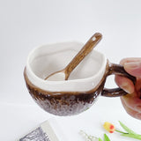 Cana Din Ceramica, 201-300 Ml, Cu Lingurita, Model Nuca De Cocos, Maro - vivimall.ro