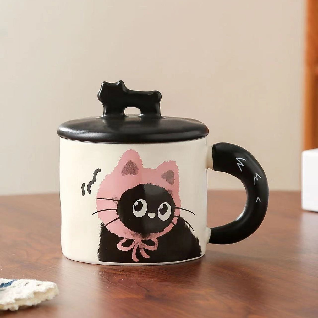 Cana Din Ceramica, Model In Cutie Pentru Cadou, Cana Pentru Ceai, Cafea, Cana Retro Design Capac Cu Figurina 3D, 9.5 X 8 X 8 Cm, 360 Ml, Bej, Print Pisica Albastru Negru - vivimall.ro