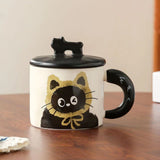 Cana Din Ceramica, Model In Cutie Pentru Cadou, Cana Pentru Ceai, Cafea, Cana Retro Design Capac Cu Figurina 3D, 9.5 X 8 X 8 Cm, 360 Ml, Bej, Print Pisica Albastru Negru - vivimall.ro