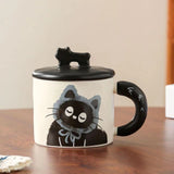Cana Din Ceramica, Model In Cutie Pentru Cadou, Cana Pentru Ceai, Cafea, Cana Retro Design Capac Cu Figurina 3D, 9.5 X 8 X 8 Cm, 360 Ml, Bej, Print Pisica Albastru Negru - vivimall.ro