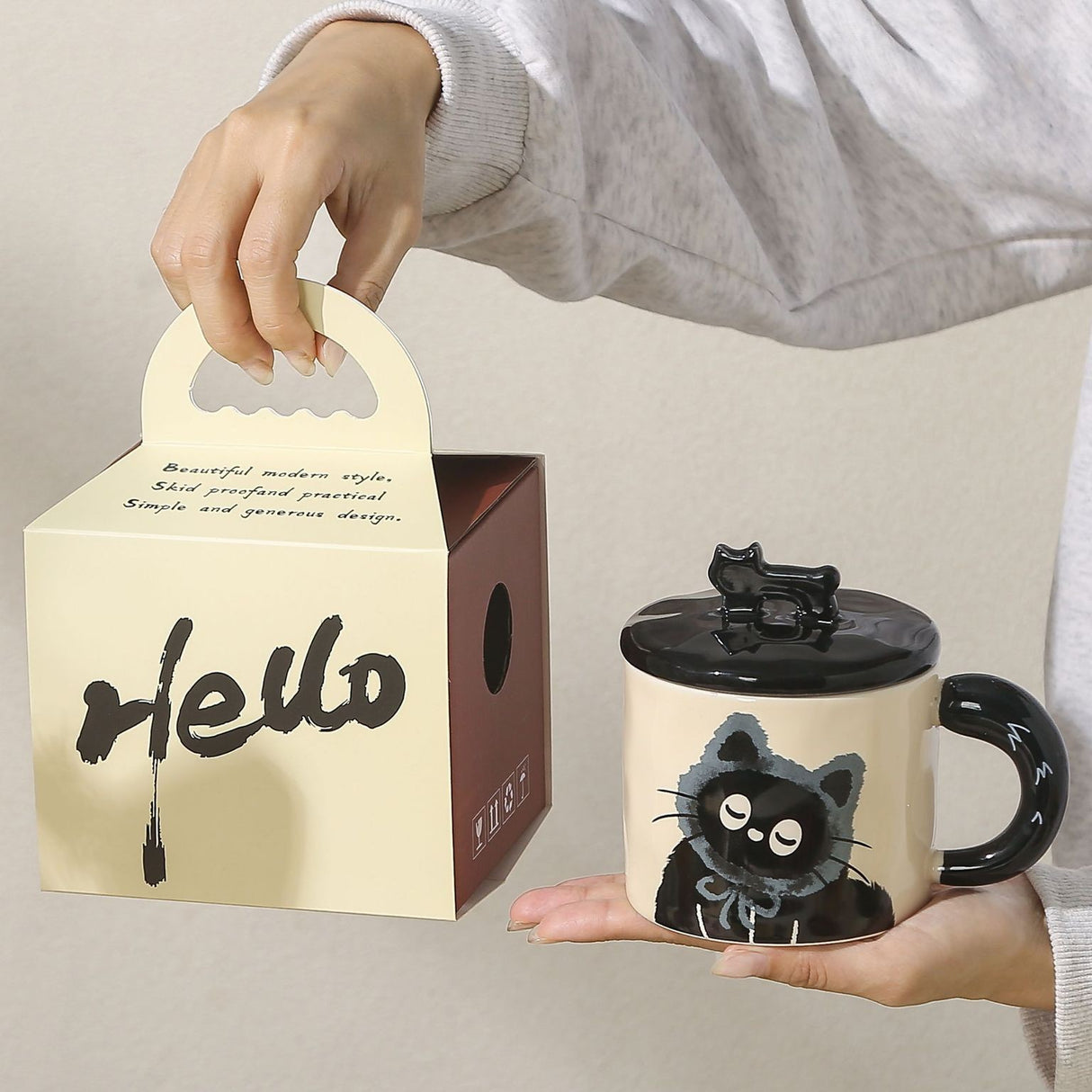 Cana Din Ceramica, Model In Cutie Pentru Cadou, Cana Pentru Ceai, Cafea, Cana Retro Design Capac Cu Figurina 3D, 9.5 X 8 X 8 Cm, 360 Ml, Bej, Print Pisica Albastru Negru - vivimall.ro