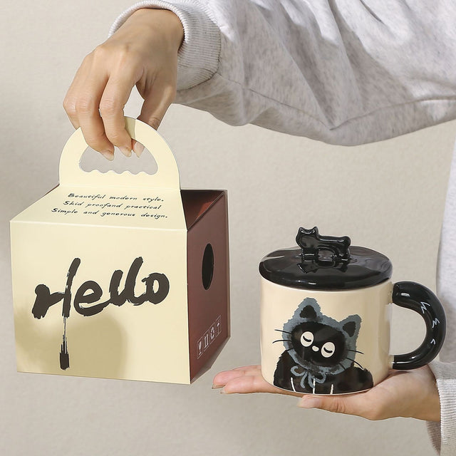 Cana Din Ceramica, Model In Cutie Pentru Cadou, Cana Pentru Ceai, Cafea, Cana Retro Design Capac Cu Figurina 3D, 9.5 X 8 X 8 Cm, 360 Ml, Bej, Print Pisica Albastru Negru - vivimall.ro