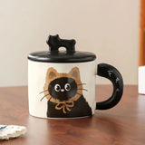 Cana Din Ceramica, Model In Cutie Pentru Cadou, Cana Pentru Ceai, Cafea, Cana Retro Design Capac Cu Figurina 3D, 9.5 X 8 X 8 Cm, 360 Ml, Bej, Print Pisica Albastru Negru - vivimall.ro