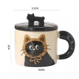 Cana Din Ceramica, Model In Cutie Pentru Cadou, Cana Pentru Ceai, Cafea, Cana Retro Design Capac Cu Figurina 3D, 9.5 X 8 X 8 Cm, 360 Ml, Bej, Print Pisica Albastru Negru - vivimall.ro