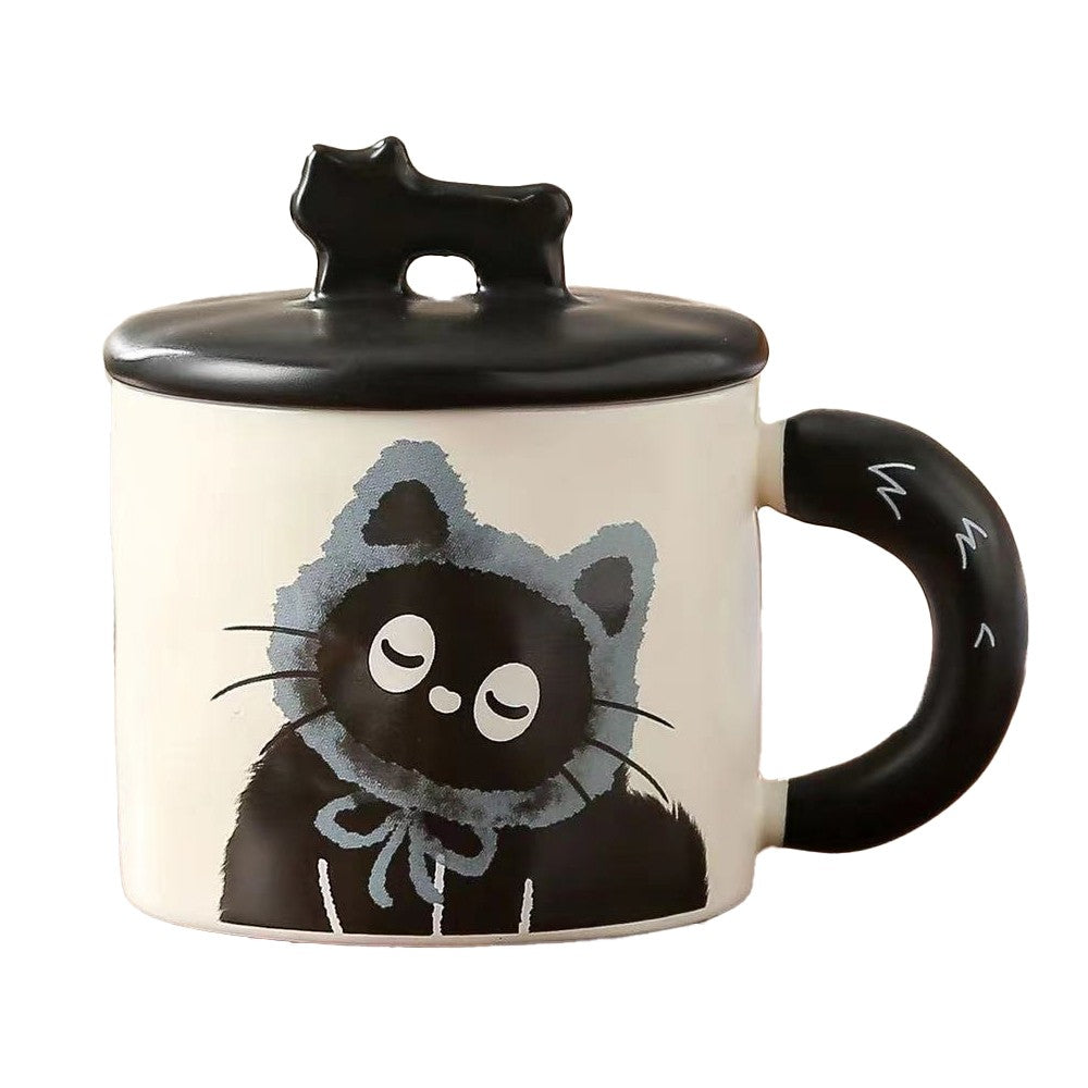 Cana Din Ceramica, Model In Cutie Pentru Cadou, Cana Pentru Ceai, Cafea, Cana Retro Design Capac Cu Figurina 3D, 9.5 X 8 X 8 Cm, 360 Ml, Bej, Print Pisica Albastru Negru - vivimall.ro