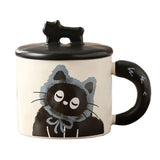 Cana Din Ceramica, Model In Cutie Pentru Cadou, Cana Pentru Ceai, Cafea, Cana Retro Design Capac Cu Figurina 3D, 9.5 X 8 X 8 Cm, 360 Ml, Bej, Print Pisica Albastru Negru - vivimall.ro