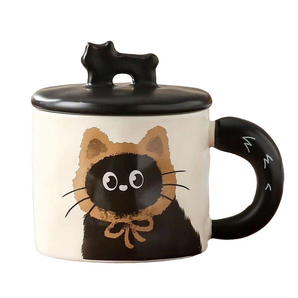 Cana Din Ceramica, Model In Cutie Pentru Cadou, Cana Pentru Ceai, Cafea, Cana Retro Design Capac Cu Figurina 3D, 9.5 X 8 X 8 Cm, 360 Ml, Bej, Print Pisica Albastru Negru - vivimall.ro