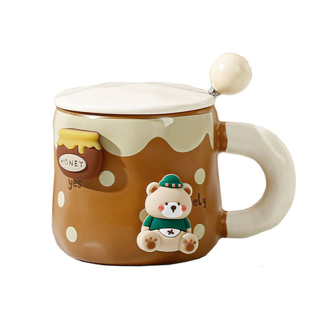 Cana Din Ceramica, Model Urs Pentru Baieti, Cana Universala, Cana Pentru Ceai, Cana Cu Lingura Metalica Si Capac, 9.6 X 9.5 X 9.5 Cm, 400 Ml Maro Inchis - vivimall.ro