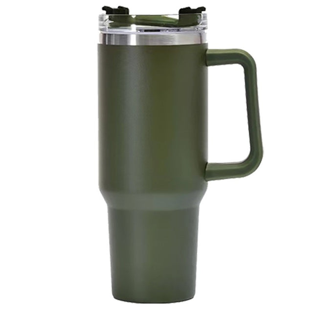 Cana Termos din Plastic, Vivimall, pentru Bauturi Calde si Reci, cu Maner, 9.9x9.9x27 cm, Verde Army - vivimall.ro