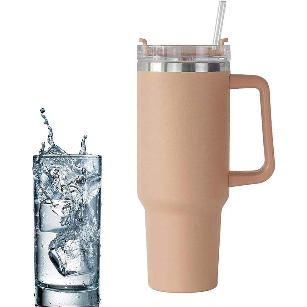 Cana Termos din Plastic, Vivimall, pentru Bauturi Calde si Reci, cu Maner, 9.9x9.9x27 cm, Roz Pal - vivimall.ro