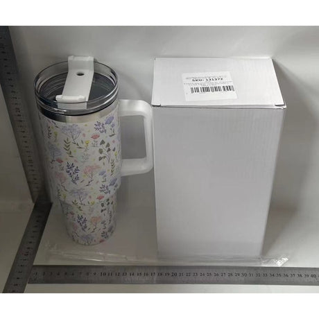 Cana Termos din Plastic, Vivimall, pentru Bauturi Calde si Reci, cu Maner, Imprimeu Floral,  Alb, 10x7.6x27.5 cm - vivimall.ro