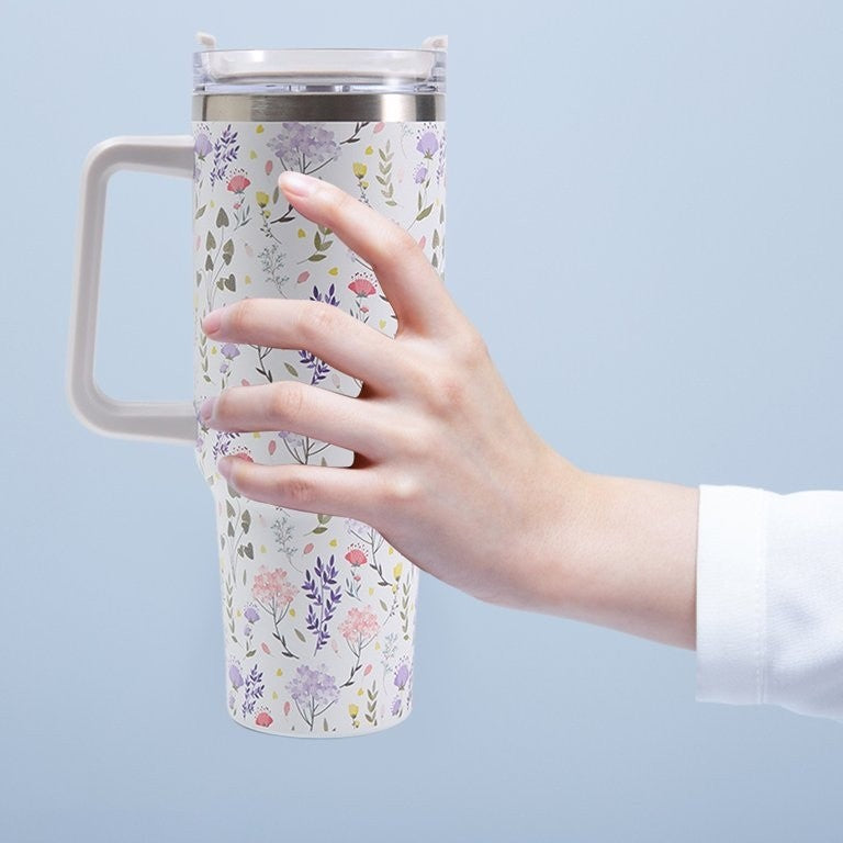 Cana Termos din Plastic, Vivimall, pentru Bauturi Calde si Reci, cu Maner, Imprimeu Floral,  Alb, 10x7.6x27.5 cm - vivimall.ro