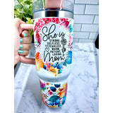 Cana Termos din Plastic, Vivimall, pentru Bauturi Calde si Reci, cu Maner, Imprimeu Floral, cu Mesaj pentru Mama, Alb, 10x7.6x27.5 cm - vivimall.ro