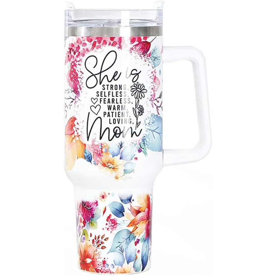 Cana Termos din Plastic, Vivimall, pentru Bauturi Calde si Reci, cu Maner, Imprimeu Floral, cu Mesaj pentru Mama, Alb, 10x7.6x27.5 cm - vivimall.ro