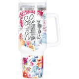 Cana Termos din Plastic, Vivimall, pentru Bauturi Calde si Reci, cu Maner, Imprimeu Floral, cu Mesaj pentru Mama, Alb, 10x7.6x27.5 cm - vivimall.ro