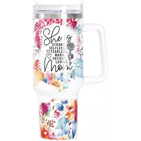 Cana Termos din Plastic, Vivimall, pentru Bauturi Calde si Reci, cu Maner, Imprimeu Floral, cu Mesaj pentru Mama, Alb, 10x7.6x27.5 cm - vivimall.ro