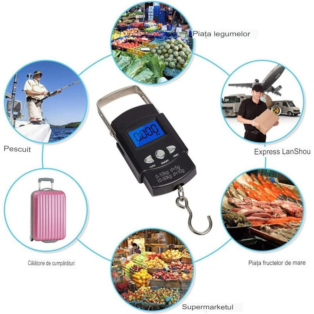 Cantar Digital De Mana Cu Carlig, Cantar Portabil, Pescuit, Cu Maner, Capacitate 50 Kg, Cu Metru Incorporat, Resigilat - vivimall.ro