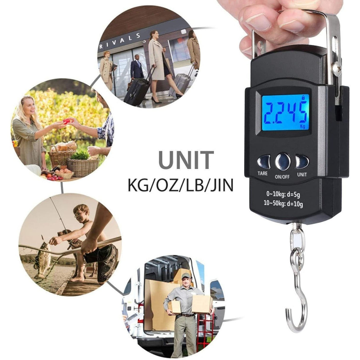 Cantar Digital De Mana Cu Carlig, Cantar Portabil, Pescuit, Cu Maner, Capacitate 50 Kg, Cu Metru Incorporat, Resigilat - vivimall.ro