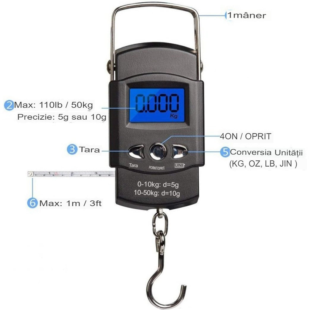 Cantar Digital De Mana Cu Carlig, Cantar Portabil, Pescuit, Cu Maner, Capacitate 50 Kg, Cu Metru Incorporat, Resigilat - vivimall.ro