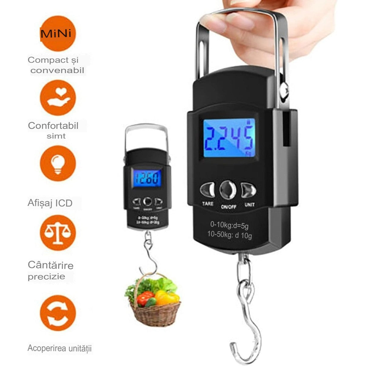 Cantar Digital De Mana Cu Carlig, Cantar Portabil, Pescuit, Cu Maner, Capacitate 50 Kg, Cu Metru Incorporat, Resigilat - vivimall.ro