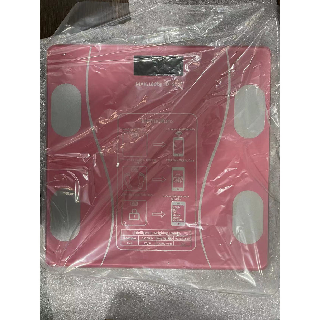 Cantar Electronic Inteligent De Baie Vivimall Cu Aplicatie Smart, Corporal, Ecran Digital Iluminat, Termometru, Suporta Maxim 180 Kg, 26 x 26 cm, Baterii, Roz - vivimall.ro