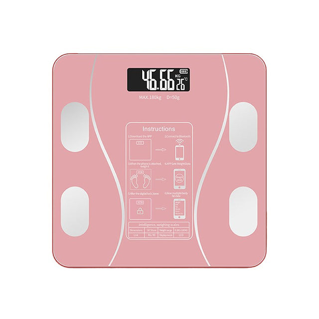 Cantar Electronic Inteligent De Baie Vivimall Cu Aplicatie Smart, Corporal, Ecran Digital Iluminat, Termometru, Suporta Maxim 180 Kg, 26 x 26 cm, Baterii, Roz - vivimall.ro