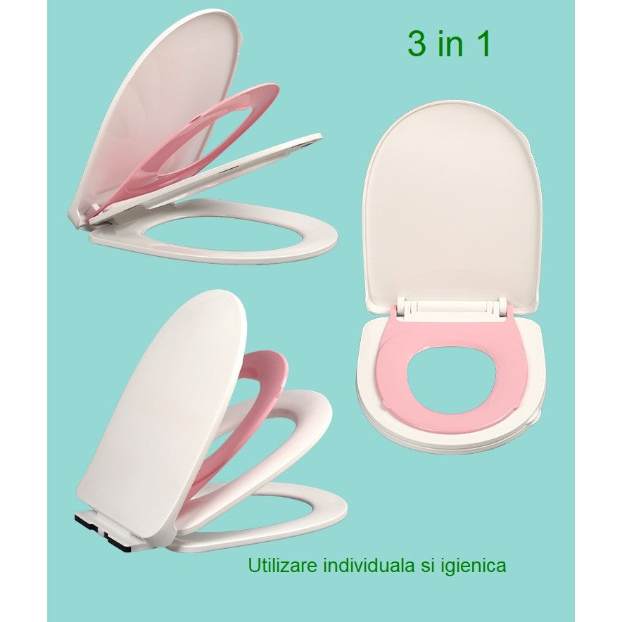 Capac de Toaleta cu Reductie 3 in 1, Vivimall, pentru Copii +3 Ani si Adulti, Coborare Lenta si Silentioasa, Instalare Usoara, din PP5 , in Forma de U, Alb/Roz - vivimall.ro