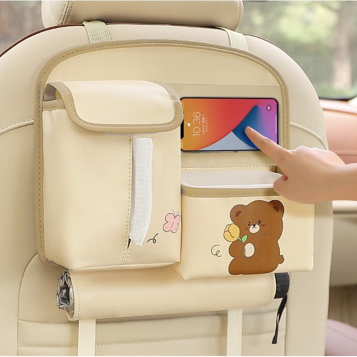 Geanta Multifunctionala de Depozitare, Vivimall, pentru Bancheta din Spate a Masinii, Animat, Model Ursuleti, Scris Good Day, Suport Servetele si Telefon, 25x31 cm, Bej - vivimall.ro