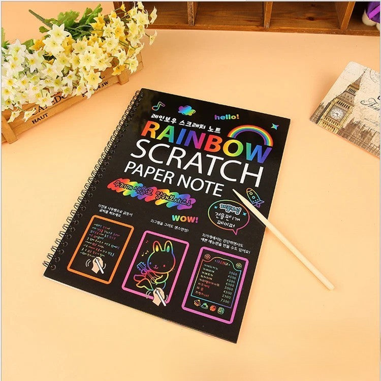 Caiet cu Foi de Hartie de Razuit, Vivimall, cu Un Stilou din Bambus, pentru Desen, Curcubeu, 19 x 26 cm, Negru - vivimall.ro