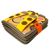 Carte Senzoriala Educativa Montessori 7in1, Vivimall, Dezvoltare Abilitati Motorii, 8 Pagini, 3D, cu Elemente Detasabile, Model Girafa, 21x21x8 cm, Maro - vivimall.ro