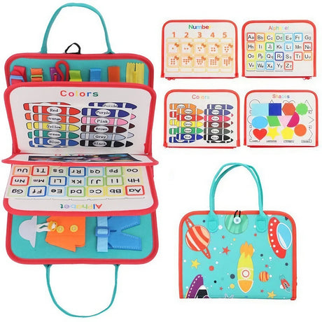 Carte Senzoriala Educativa Montessori, Vivimall, cu Activitati, Dezvoltare Abilitati Motorii, 4 Pagini, Model Spatiu Cosmic, 28x22x7 cm, Albastru - vivimall.ro