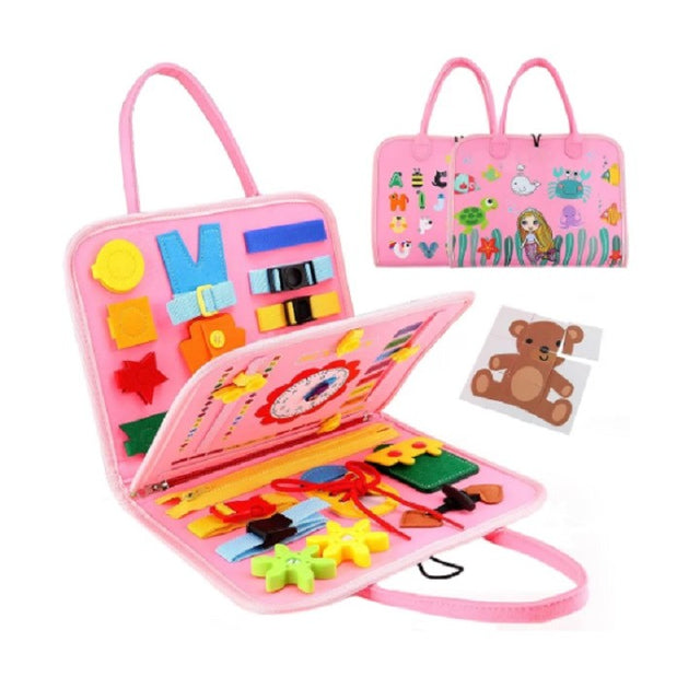 Carte Senzoriala Educativa Montessori, Vivimall, Dezvoltare Abilitati Motorii, 3 Pagini, Model Sirena si Alfabet, 28x25x4 cm, Roz - vivimall.ro