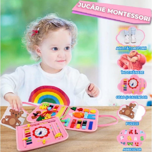 Carte Senzoriala Educativa Montessori, Vivimall, Dezvoltare Abilitati Motorii, 3 Pagini, Model Sirena si Alfabet, 28x25x4 cm, Roz - vivimall.ro