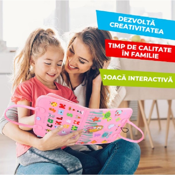 Carte Senzoriala Educativa Montessori, Vivimall, Dezvoltare Abilitati Motorii, 3 Pagini, Model Sirena si Alfabet, 28x25x4 cm, Roz - vivimall.ro