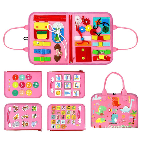 Carte Senzoriala Educativa Montessori 7in1, Vivimall, 26 de Activitati, Dezvoltare Abilitati Motorii, 4 Pagini, Model Dinozauri, 28x22x7 cm, Roz - vivimall.ro