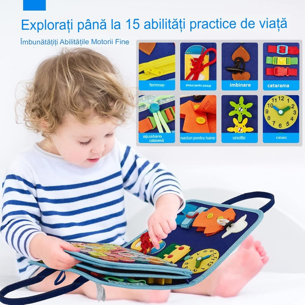 Carte Senzoriala Educativa Montessori, Vivimall, Dezvoltare Abilitati Motorii, 5 Pagini, Model Dinozauri, 28x22x7 cm, Albastru - vivimall.ro