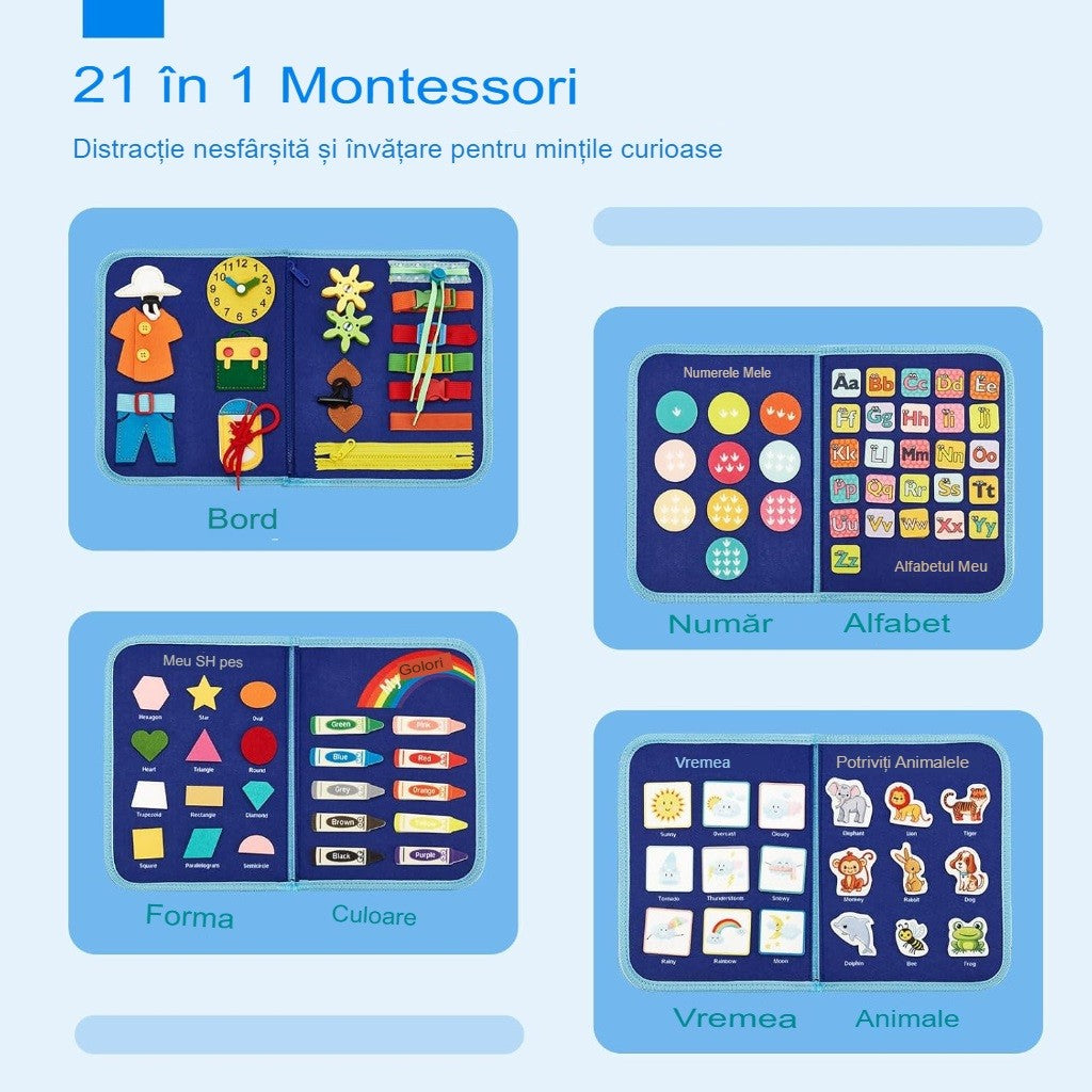 Carte Senzoriala Educativa Montessori, Dezvoltare Abilitati Motorii, 5 Pagini, Model Dinozauri, 28X22X7 Cm, Albastru - vivimall.ro