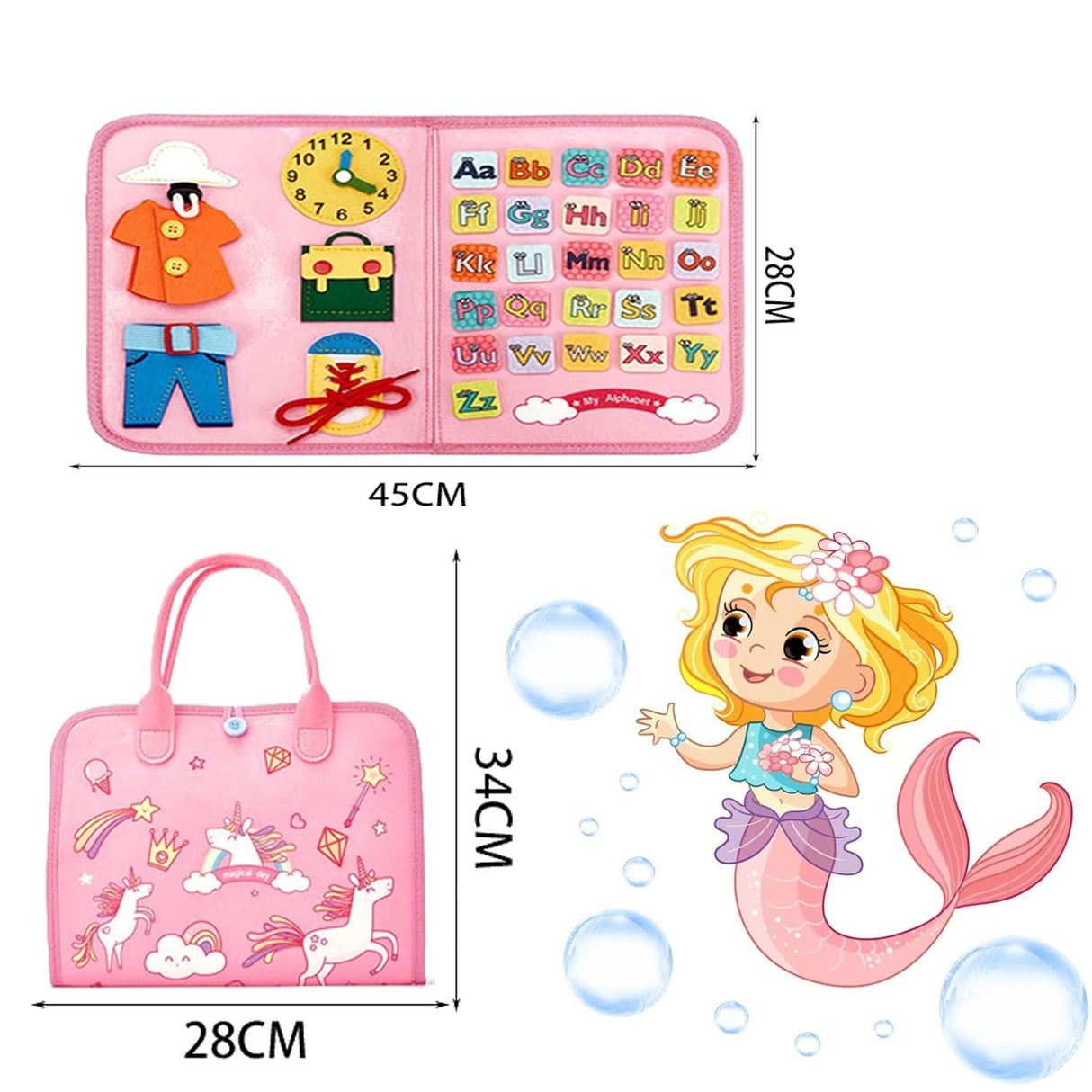 Carte Senzoriala Educativa Montessori, Vivimall, Dezvoltare Abilitati Motorii, 5 Pagini, Model Unicorni, 28x22x7 cm, Roz - vivimall.ro