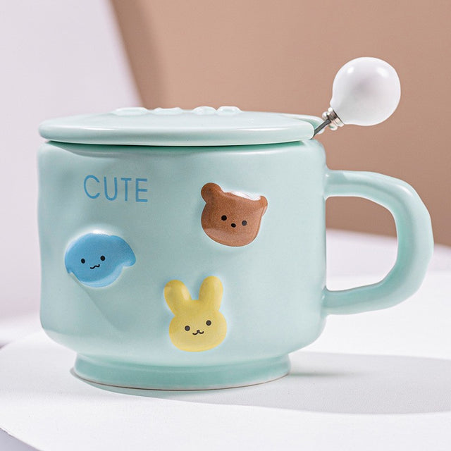 Cana ceramica, Vivimall, din Portelan, print Figurine Animalute, Cana penru Copii, Model CUTE, Cana cu Lingura si Capac, Ceasca pentru Cafea, Ceai, 400ml Albastru - vivimall.ro