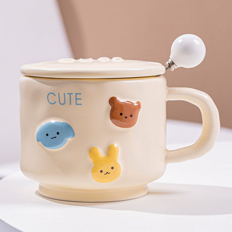 Cana Ceramica, Din Portelan, Print Figurine Animalute, Cana Penru Copii, Model Cute, Cana Cu Lingura Si Capac, Ceasca Pentru Cafea, Ceai, 400Mla-Galben - vivimall.ro