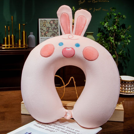 Perna de Calatorie in Forma de U, Vivimall, Pentru Gat si Cap, Umplutura din Spuma cu Memorie, 30x30 cm, Model Iepuras, Accesoriu de Voiaj, Birou, Masina, Sistem Prindere Capse, Roz - vivimall.ro